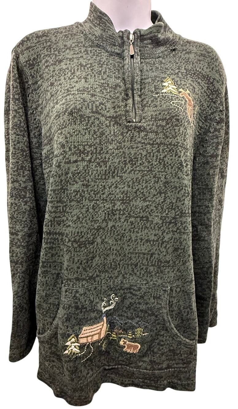 Beckenridge 2X Green Christmas Quarter Zip Sweater Moose Embroidered Pullover